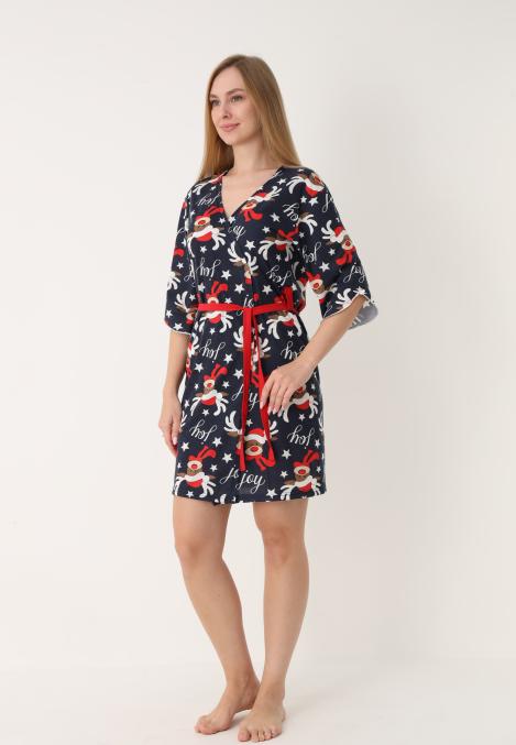 Halat dama Craciun,maneci 3/4,imprimeu reni ,culoare bleumarin ,En-gros